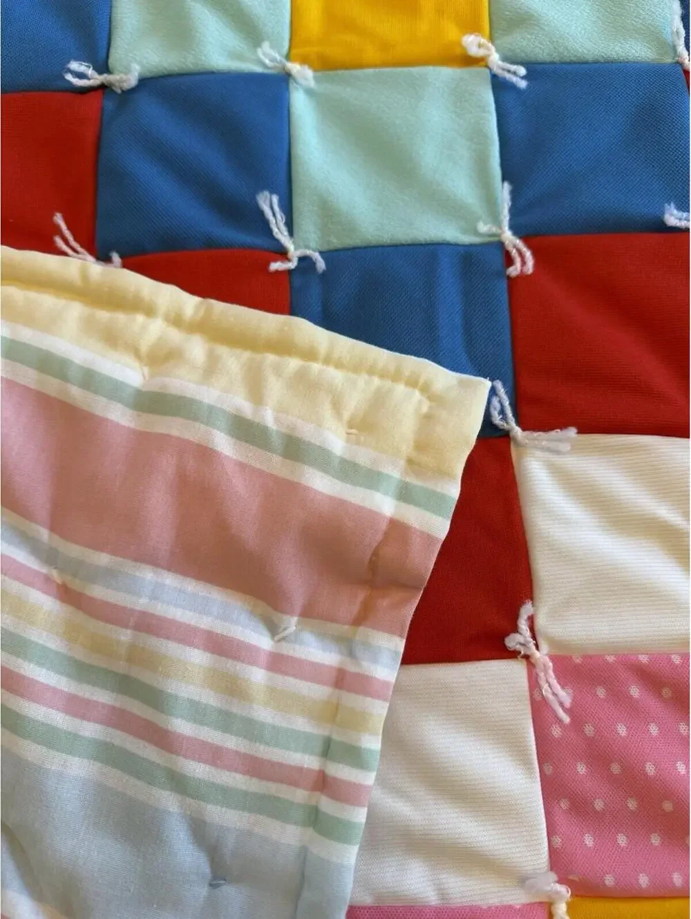 Vintage Handmade Trip Around The World Tied Quilt Twin Patchwork 64x92 Retro